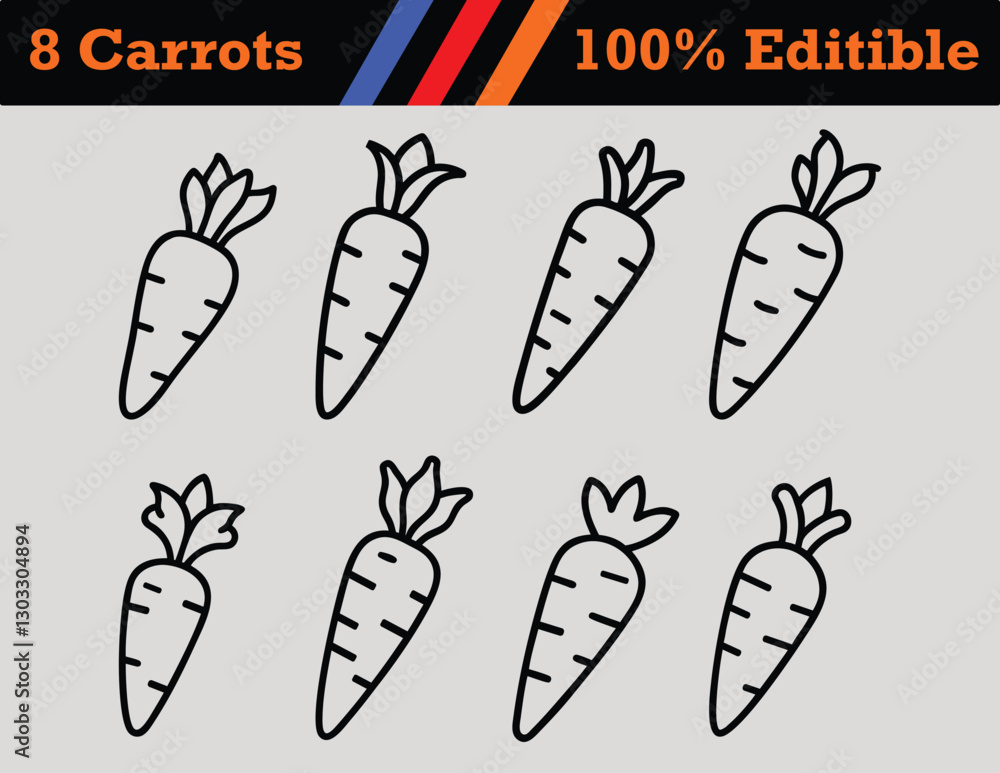 Fototapeta premium 8 Carrot Line Icons set of carrot outline coloring book page line art vector illustration