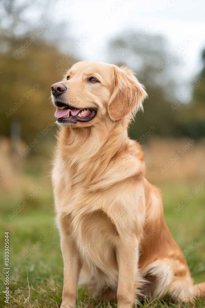 A golden retriever is sitting on the grass and looking at the camera. The dog has a happy expression on its face and is wagging its tail A golden retriever is sitting on the grass and looking at the camera. The dog has a happy expression on its face and is wagging its tail