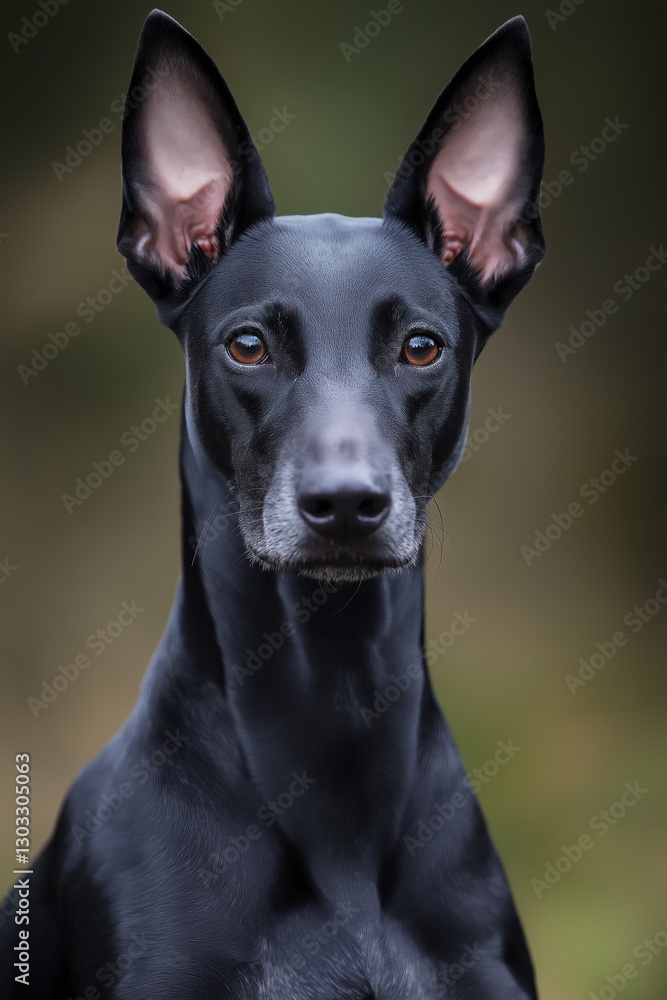 A black dog with a black nose and black ears. The dog is looking at the camera. The dog is standing in front of a green background A black dog with a black nose and black ears. The dog is looking at the camera. The dog is standing in front of a green background