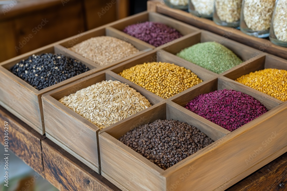 A wooden box with a variety of colored grains of rice. The box is filled with different colored grains of rice, including brown, yellow, and purple A wooden box with a variety of colored grains of rice. The box is filled with different colored grains of rice, including brown, yellow, and purple