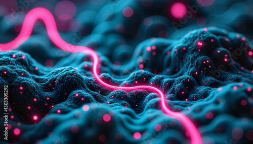 Glowing interconnected bacteria networks in cybernetic background, bioelectricity photo