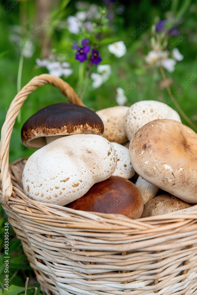A basket full of mushrooms with some white ones. The basket is in a field with flowers. The mushrooms are of different sizes and colors A basket full of mushrooms with some white ones. The basket is in a field with flowers. The mushrooms are of different sizes and colors