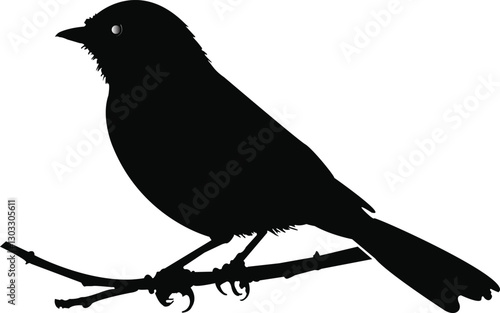 This artwork is digitally enhanced using AI and manually edited for quality—bird silhouette. A black silhouette of a bird perched on a branch with leaves against a white background.