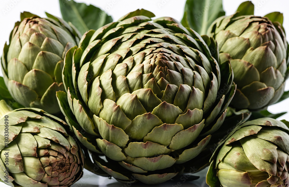 fresh green artichokes on a white background, highlighting their natural texture and layered leaves fresh green artichokes on a white background, highlighting their natural texture and layered leaves