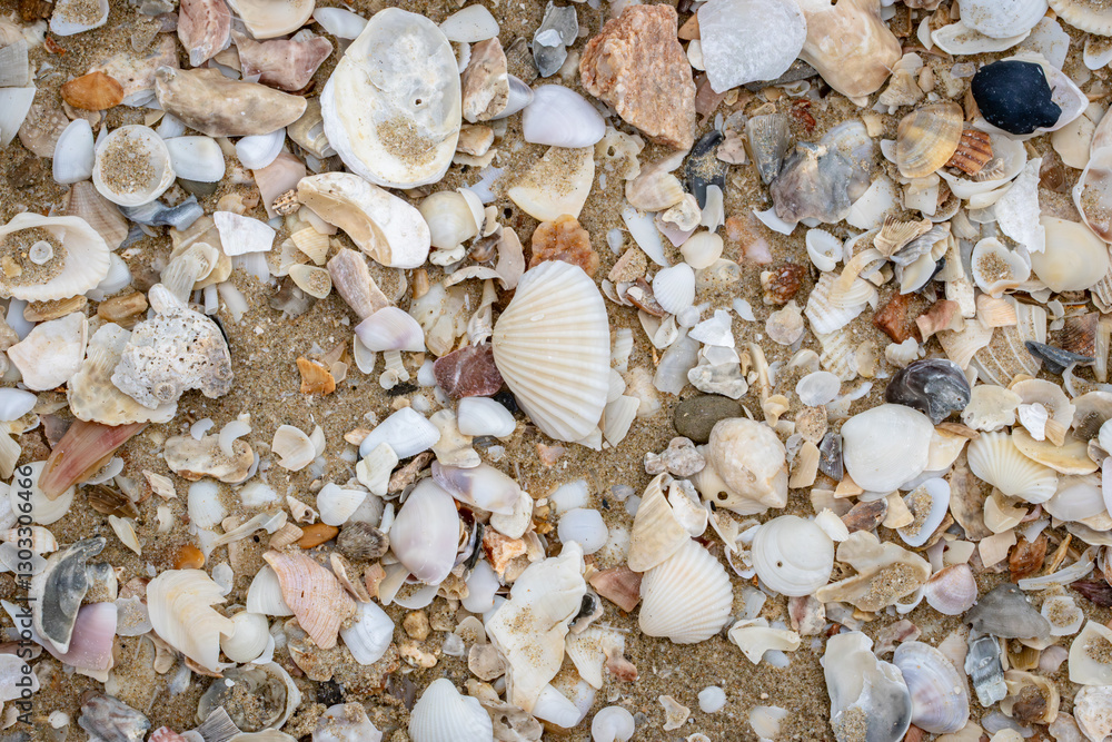Fototapeta premium A beach scene with a lot of shells and rocks