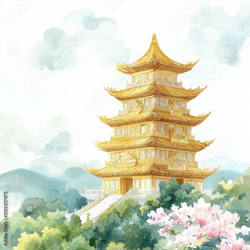Wallpaper Mural Watercolor painting of a golden pagoda serene landscape cultural beauty tranquil environment artistic perspective Torontodigital.ca