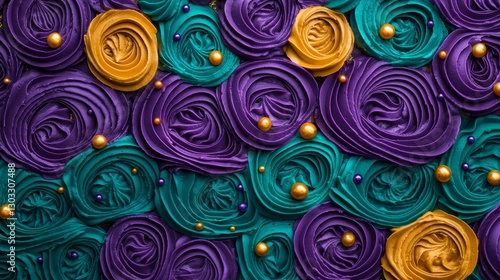 Colorful swirls of purple, teal, and gold create an artistic floral pattern, evoking a festive and vibrant ambiance.