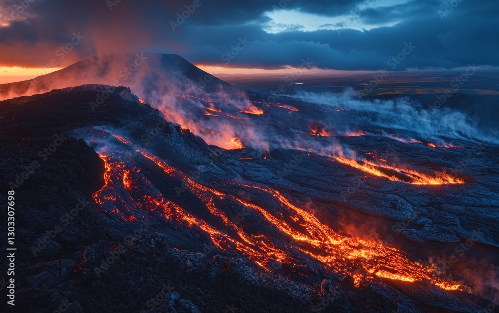 Obraz premium Lava flows and smoke rise from an active volcano during sunset in a dramatic landscape