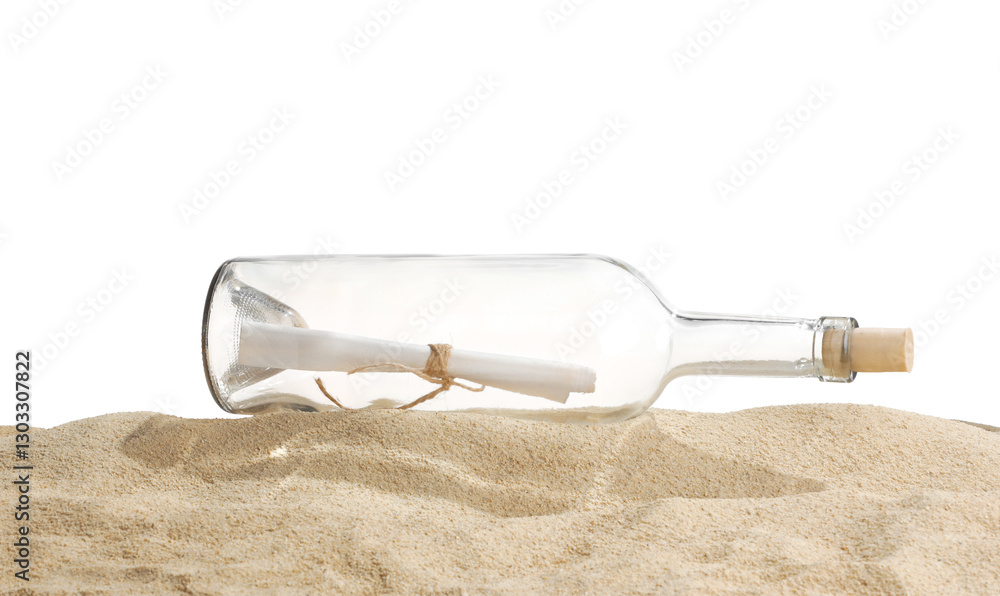 Rolled letter in corked glass bottle on sand against white background Rolled letter in corked glass bottle on sand against white background
