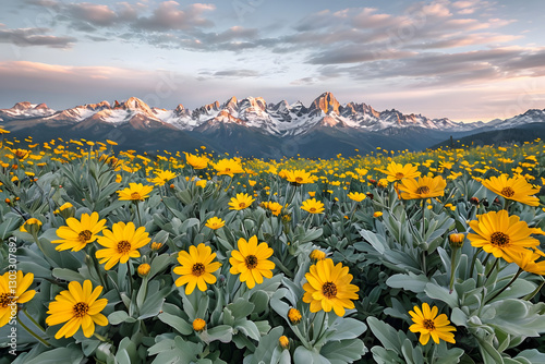 Mountain landscape with yellow flowers, Vibrant Field Of Yellow Wildflowers With Snow-Capped Mountains