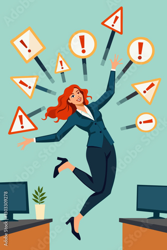 Businesswoman Falling Surrounded by Caution Signs, Concept of Career Crisis and Failure in Office Environment