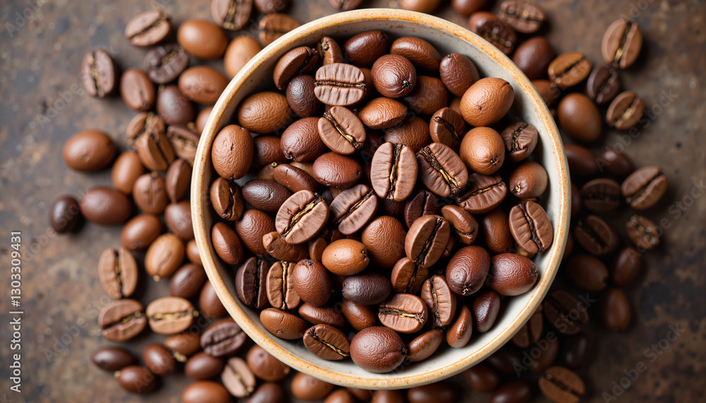 Fototapeta premium Ceramic bowl filled with coffee beans, rustic style and texture