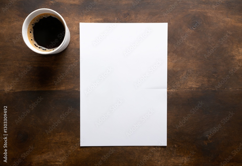 Blank white paper isolated on a wooden surface with coffee cup.Blank paper mockup. Blank white paper isolated on a wooden surface with coffee cup.Blank paper mockup.