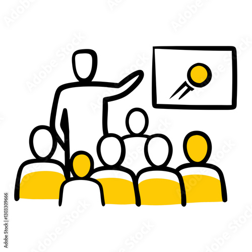 lecturer speaks to the audience, presenting a slideshow on the screen during a conference, educational masterclass, or coaching session.