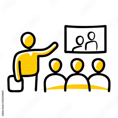 lecturer speaks to the audience, presenting a slideshow on the screen during a conference, educational masterclass, or coaching session.