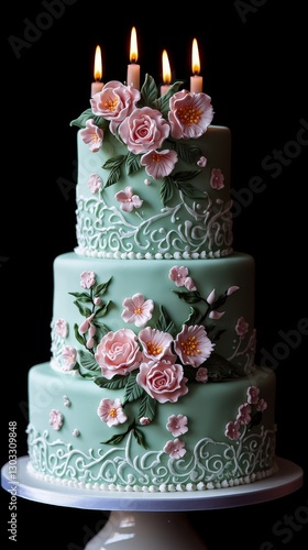 A beautifully decorated three-tier cake with delicate pink roses and candles, perfect for a celebration.