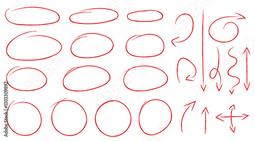 Hand drawn circular selection boxes and arrows in red color