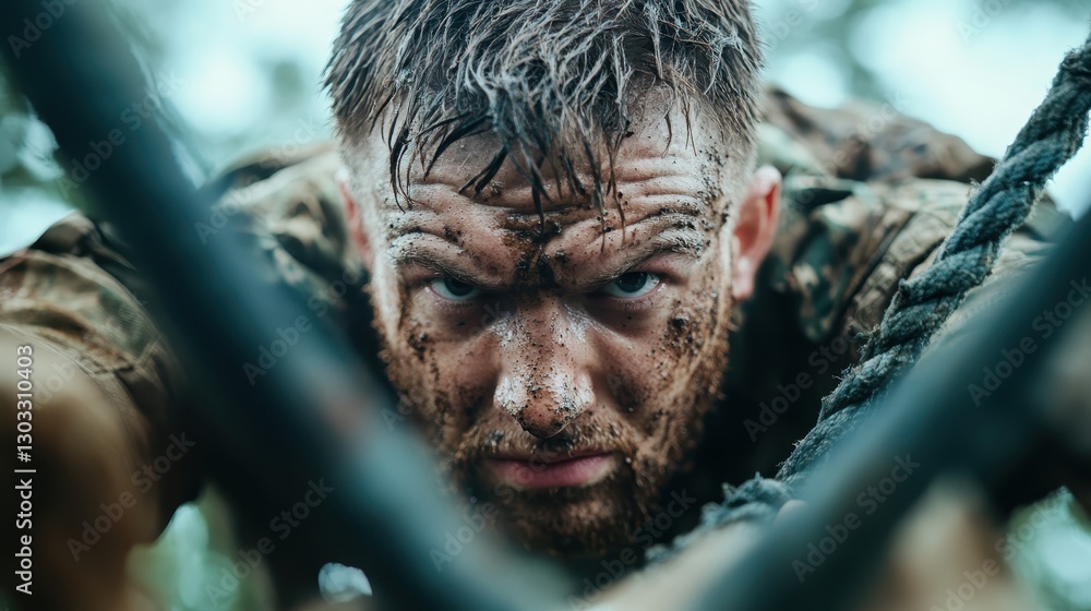 The image portrays a soldier displaying remarkable focus and determination while maneuvering through muddy terrain, highlighting the spirit of perseverance in training. The image portrays a soldier displaying remarkable focus and determination while maneuvering through muddy terrain, highlighting the spirit of perseverance in training.