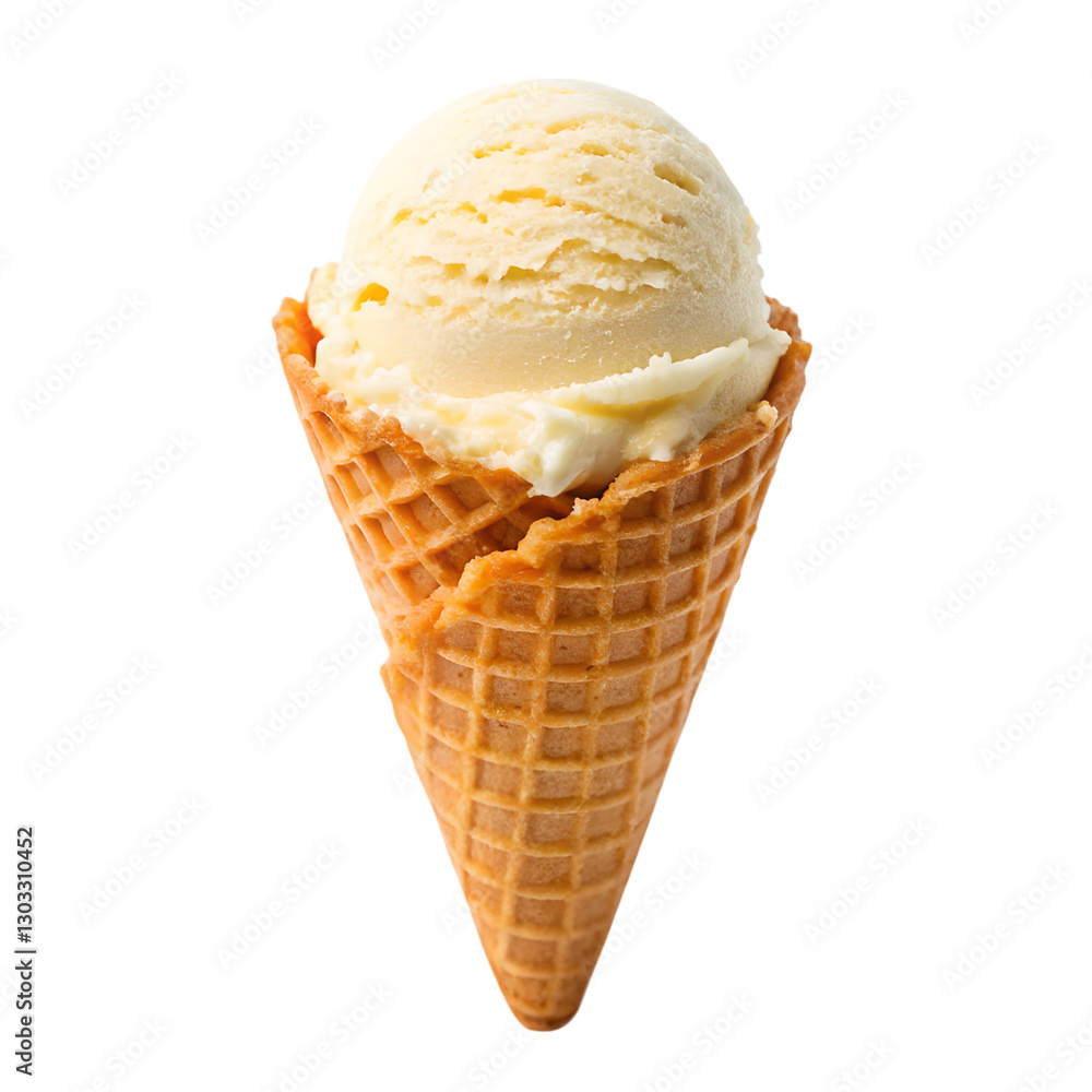 Delicious ice cream in waffle cone food photography, isolated on white or transparent background Delicious ice cream in waffle cone food photography, isolated on white or transparent background