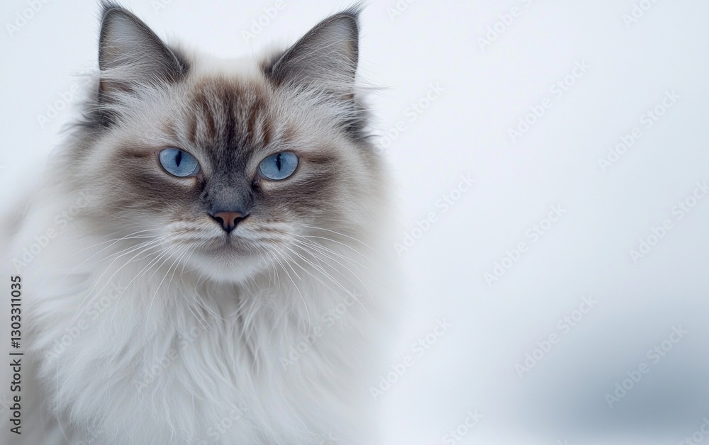 Fluffy white cat with striking blue eyes poses against a soft grey background in a serene indoor setting Fluffy white cat with striking blue eyes poses against a soft grey background in a serene indoor setting