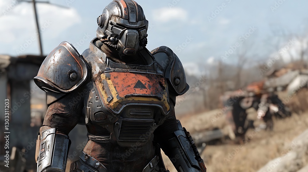 Obraz premium An adventurer in a combat-ready time suit prepares to enter a post-apocalyptic world dominated by robotic creatures