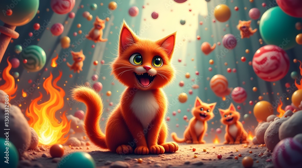 Fototapeta premium Illustration of a fairy tale with three red cats, fire and balloons. Children's drawing with cats.
