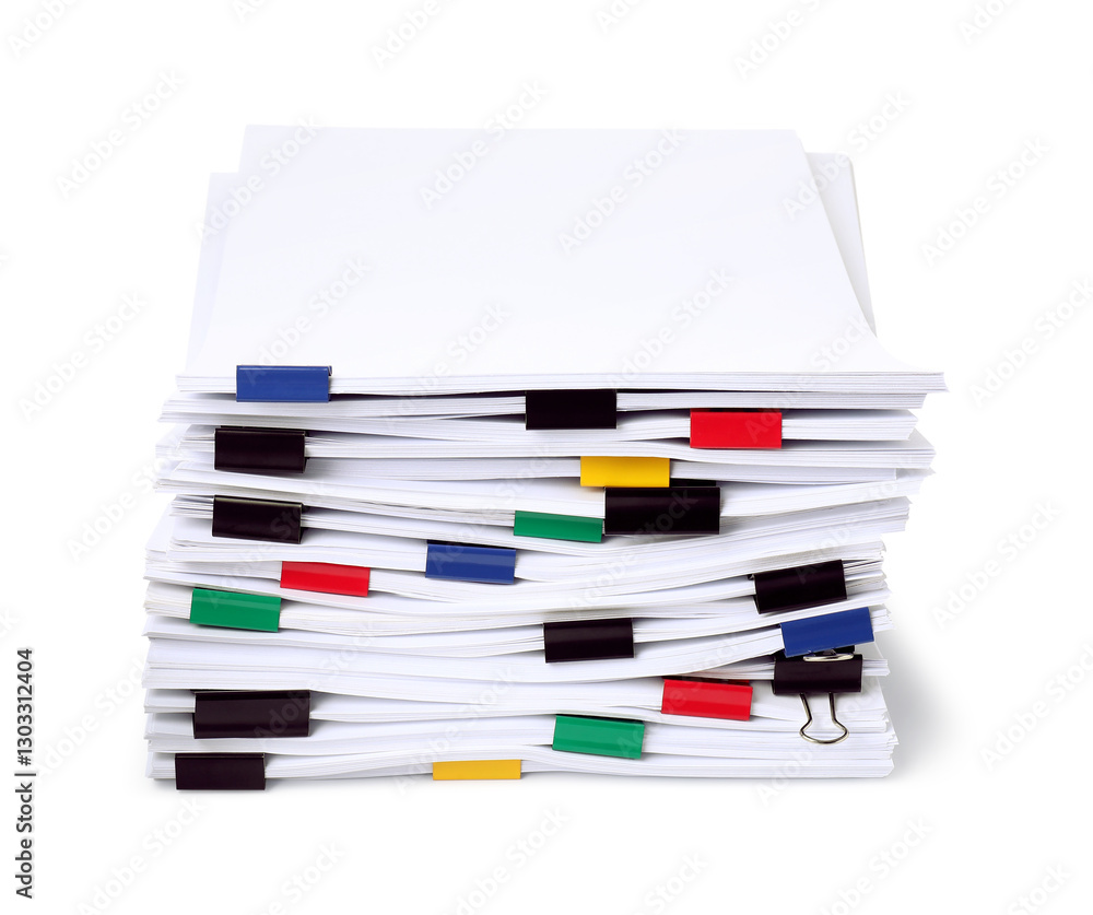 Colorful binder clips with sheets of paper isolated on white Colorful binder clips with sheets of paper isolated on white