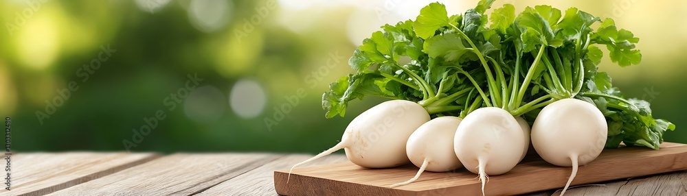 Fresh white radishes with green tops on wooden table with blurred background showcasing nature's bounty Fresh white radishes with green tops on wooden table with blurred background showcasing nature's bounty