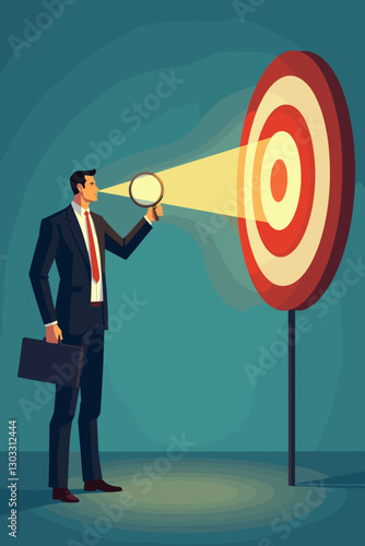 Laser-Focused on Success: Businessman Magnifying Target Goals