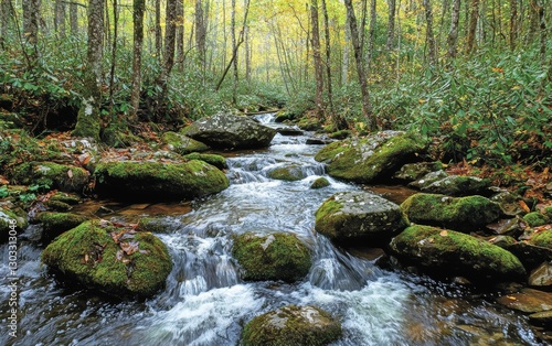 Beautiful forest stream flows over moss-covered rocks in autumn landscape surrounded by vibrant foliage