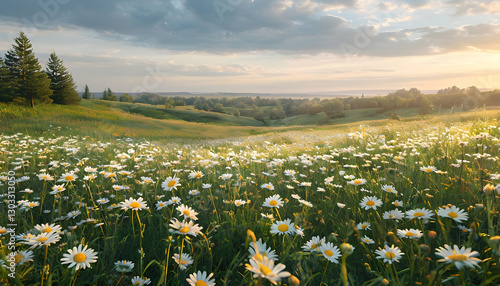 Meadow with flowers, Vibrant Meadow Filled With Daisies Under Warm Sunset