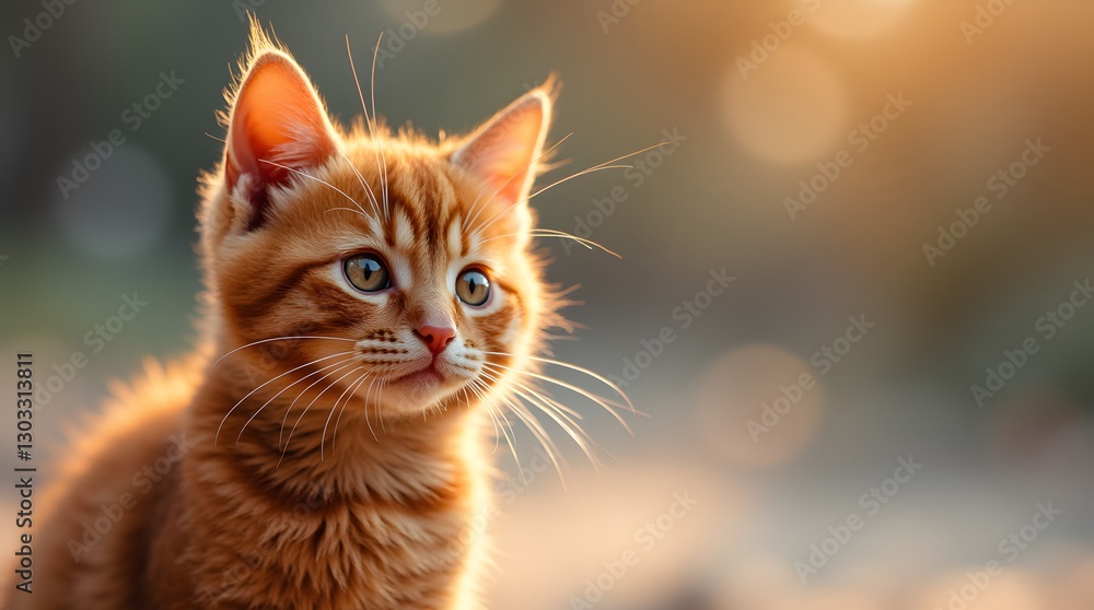 Obraz premium Red kitten with white stripes. Portrait of a red cat. A kitten on the left side of the photo, the right side blurred side by side.