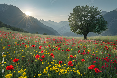 Field of poppies in the morning, Vibrant Meadow With Red Poppies And Majestic Mountains