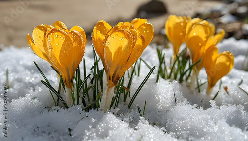 Spring crocus flowers in snow, Vibrant Yellow Crocuses Blooming Through Fresh Powdery Snow