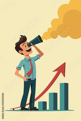 Visionary Businessman on Financial Graph with Binoculars Looking Toward Future Success