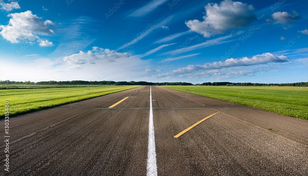 the runway of a rural small airfield against a blue sky the runway of a rural small airfield against a blue sky