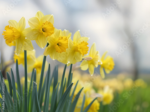 Yellow daffodils in spring, Vibrant Yellow Daffodils In Bloom With Soft Background