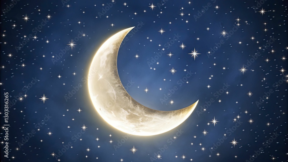 A luminous crescent moon in a star-filled night sky, captured in high contrast for a dreamy, celestial vibe A luminous crescent moon in a star-filled night sky, captured in high contrast for a dreamy, celestial vibe