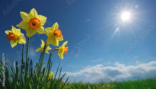 Spring meadow with daffodils, Vibrant Yellow Daffodils Under Clear Blue Spring Sky