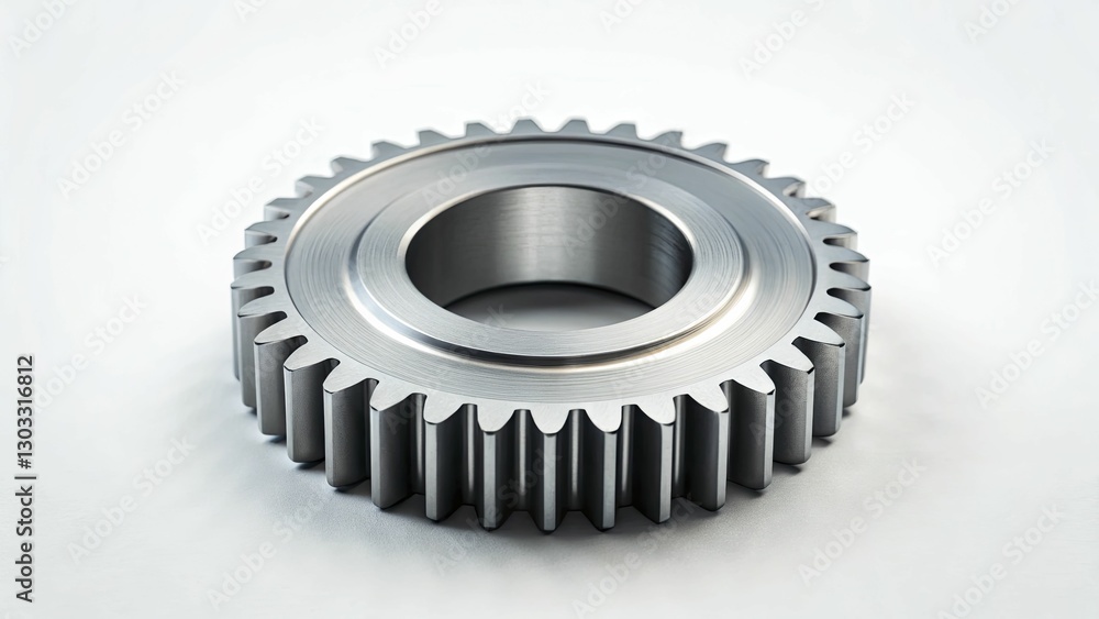 A sleek metallic gear with sharp teeth, isolated on a light background, representing industry and mechanics A sleek metallic gear with sharp teeth, isolated on a light background, representing industry and mechanics