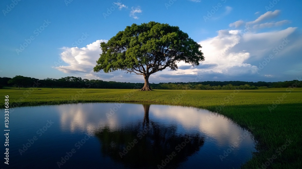 Obraz premium Lone tree reflects in tranquil pond