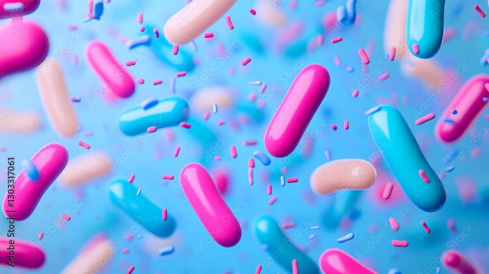 Microbial Abstract: A vibrant, abstract close-up of colorful, floating bacteria in a dynamic, artistic rendering. Microbial Abstract: A vibrant, abstract close-up of colorful, floating bacteria in a dynamic, artistic rendering.