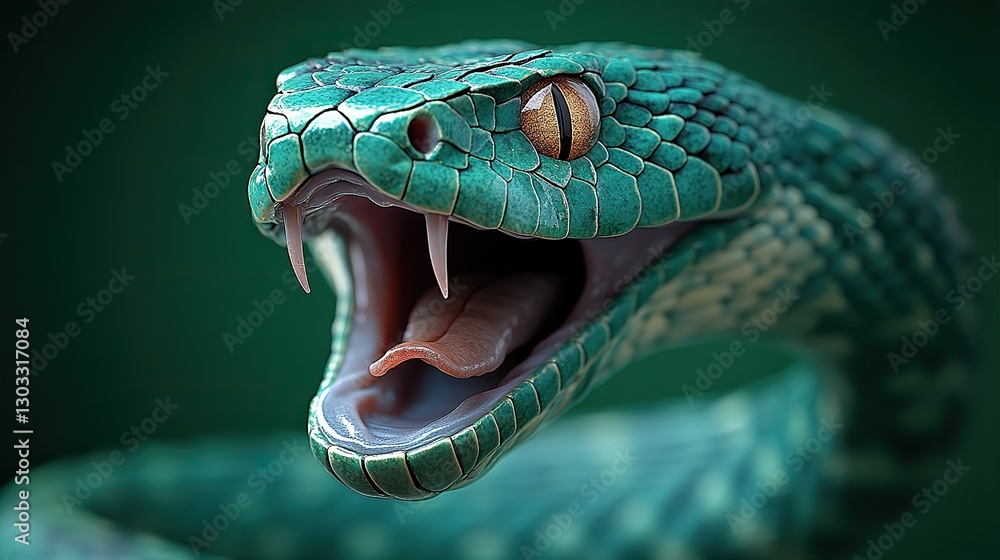 Fototapeta premium the original sin green snake with mouth open on a green background