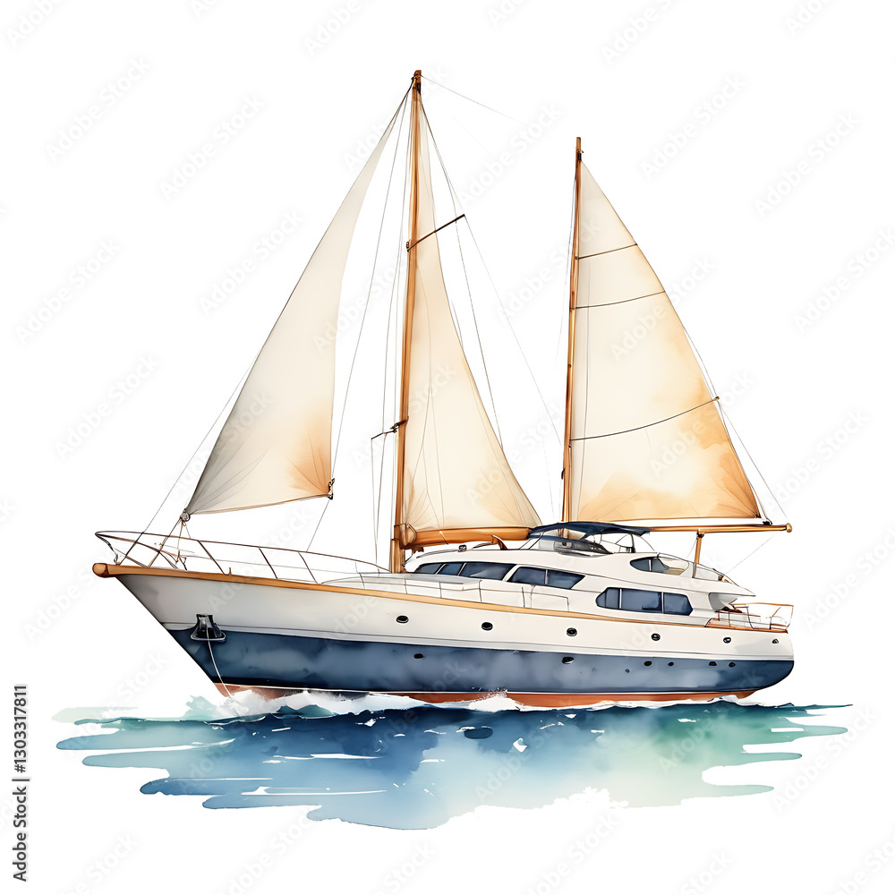 Fototapeta premium Sailing yacht illustration floating on watercolor sea for travel inspiration