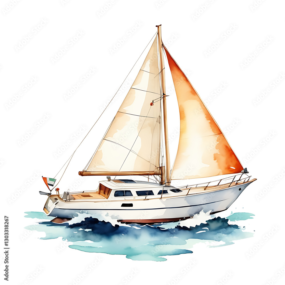 Fototapeta premium Sailboat sailing watercolor illustration on the ocean waves recreation leisure