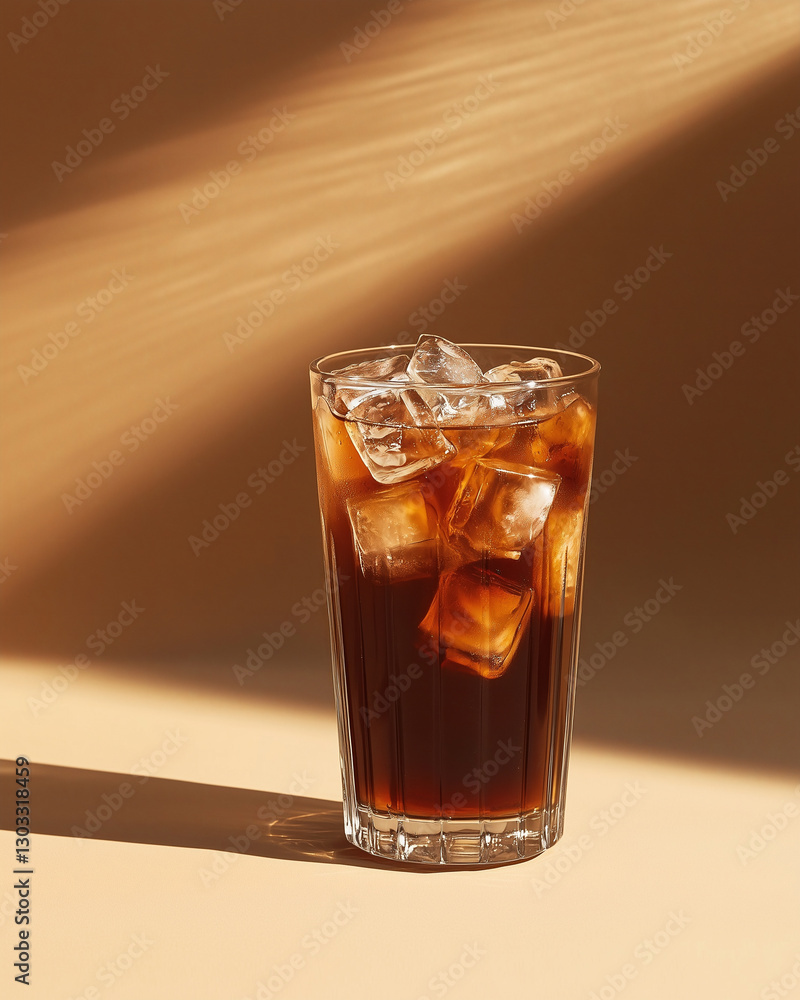 A tall glass of cold coffee with ice cubes, a light brown background A tall glass of cold coffee with ice cubes, a light brown background
