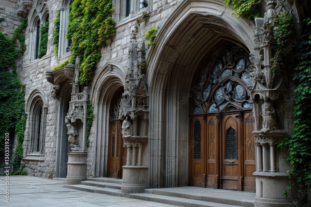 Fototapeta premium A grand stone library with intricate gargoyles, large oak doors, and ivy climbing its aged walls