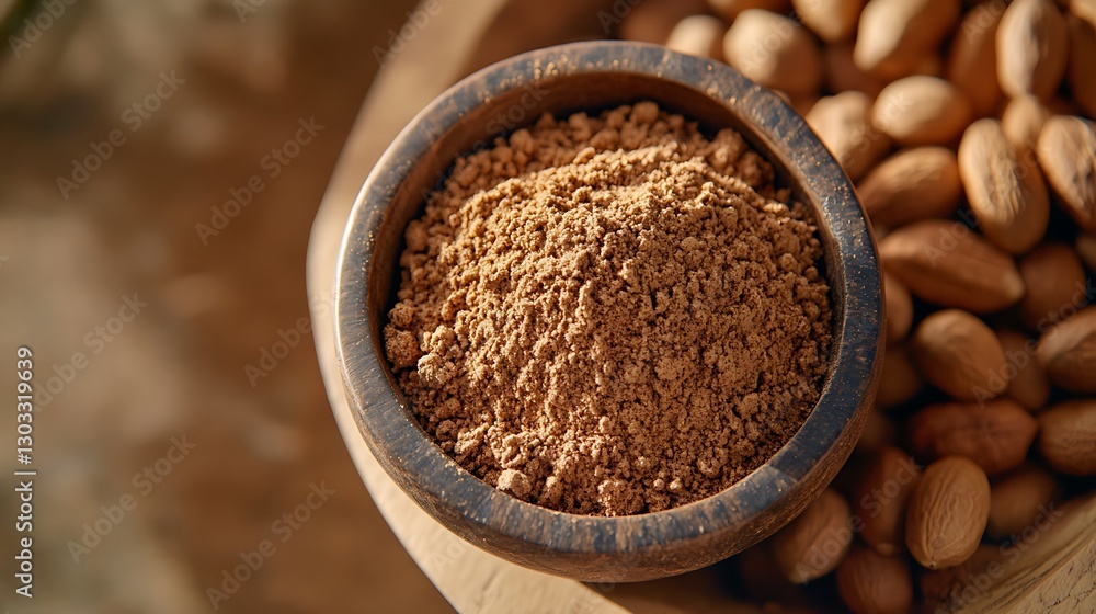 Ground almonds in wooden bowl with whole almonds, natural ingredients for cooking, healthy food option Ground almonds in wooden bowl with whole almonds, natural ingredients for cooking, healthy food option