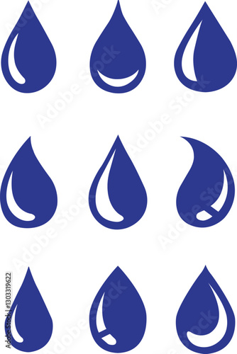Diverse Blue Water Drop Icon Set - Vector Illustration for Environmental and Liquid Concepts