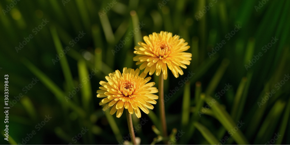 Bright yellow dandelions blooming in a green meadow with soft natural light Bright yellow dandelions blooming in a green meadow with soft natural light